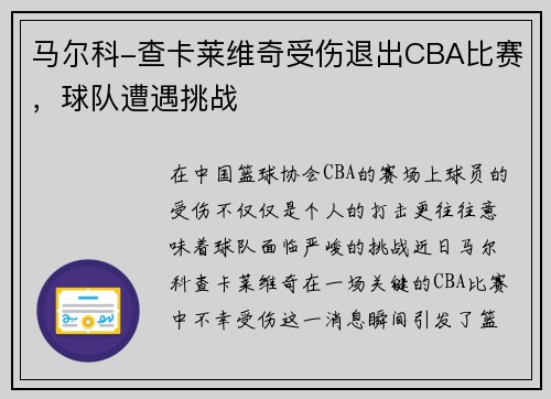 马尔科-查卡莱维奇受伤退出CBA比赛，球队遭遇挑战